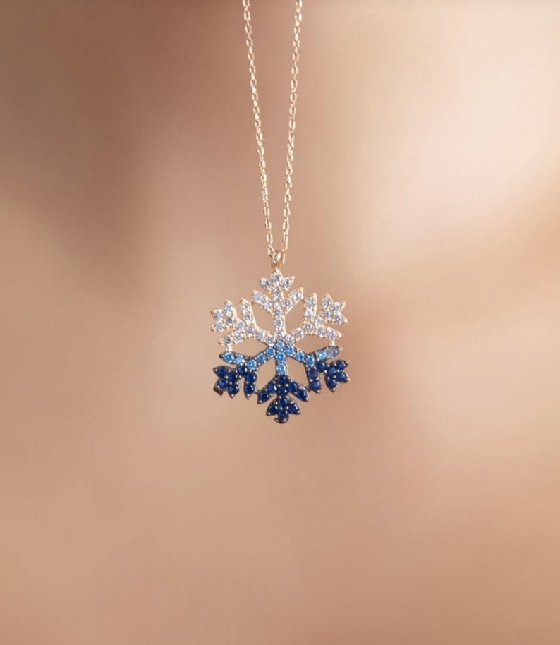 925 Sterling Silver Snowflake Necklace Blue Snowflakes image 3