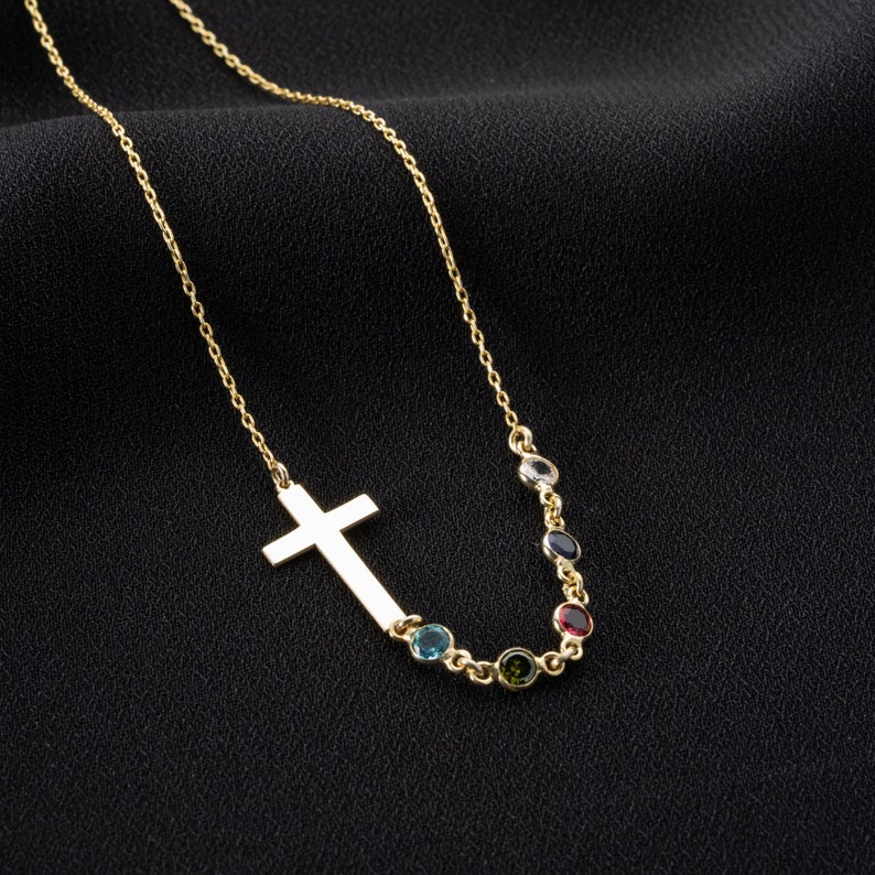 Personalized Birthstone Silver Cross Necklace, Cross Family Birthstone Necklace, Religious Birthstone Necklace, Cross birthstone necklace, Sideway Cross Necklace with birthstones, Family Cross Birthstones Necklace, Birthstone Necklace for Mom