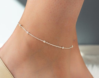 Silver Satellite Chain Anklet with birthstone, Silver Beaded Anklet, Dainty Station Chain Anklet, Birthstone Bracelet, Ball chain anklet