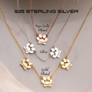 Silver Engraved Paw Print Name Necklace Personalized Tiny Dog Cat Paw Necklace for Multiple Pets Keepsake Pet Memorial Jewelry Dog Mom Gift