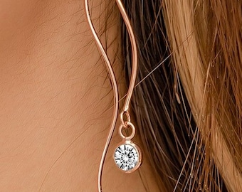CZ Drop Earrings Wave Diamond Earrings Silver Threader Earrings Long Threader Gold Earrings Threader Spiral Earrings Bezel Drop Earrings