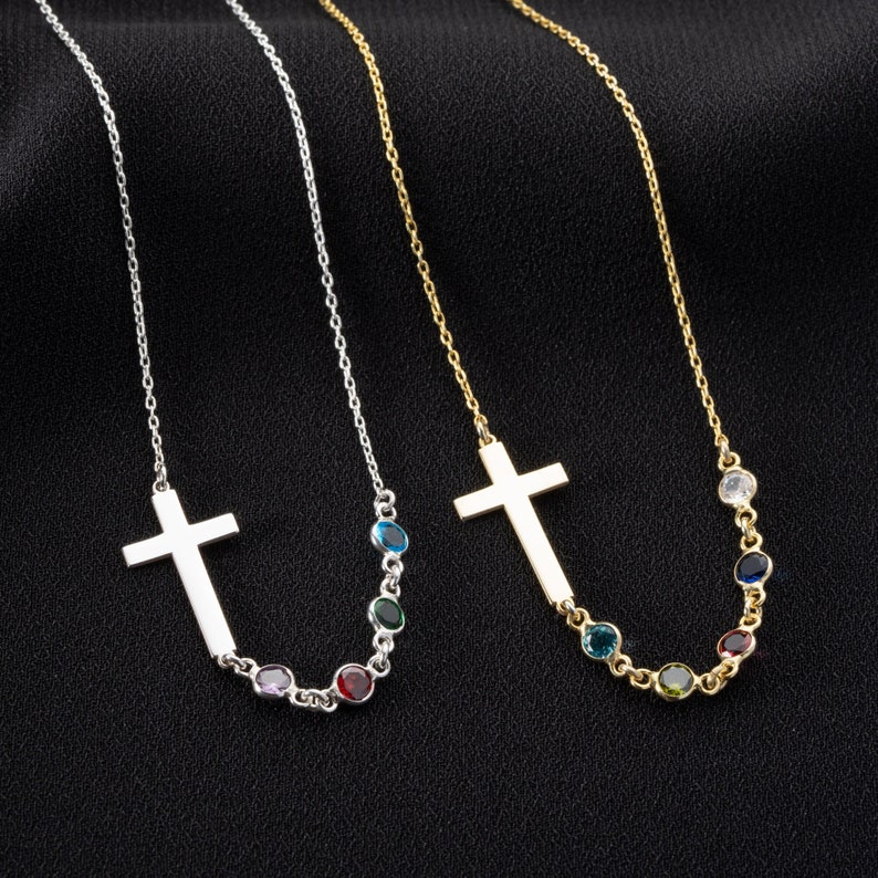 Personalized Birthstone Silver Cross Necklace, Cross Family Birthstone Necklace, Religious Birthstone Necklace, Cross birthstone necklace, Sideway Cross Necklace with birthstones, Family Cross Birthstones Necklace, Birthstone Necklace for Mom