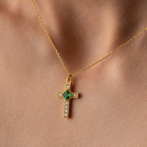 Birthstone Cross Necklace Custom Birthstone Necklace Cross Pendant Dainty Cross with Birthstone Women Religious Necklace Christian Gifts