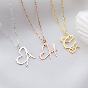 Silver Initial Necklace with Heart, Heart Initial Necklace, Letter Necklace, Cursive Name Necklace, Initial Necklace, Initial Jewelry