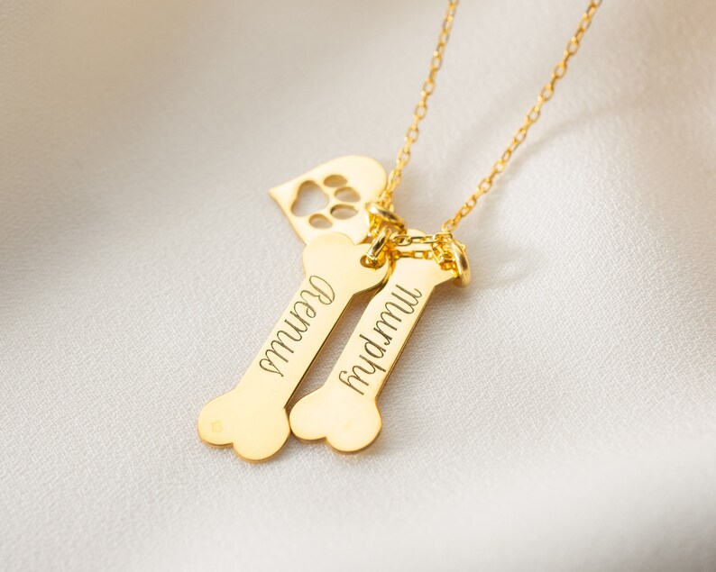 Silver Dog Name Bone Paw Necklace Gold Dog Name Necklace Etsy