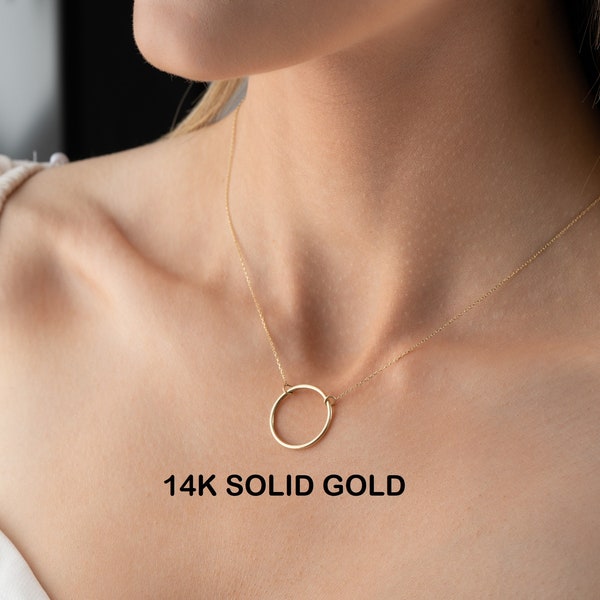 14K Solid Gold Circle Necklace, Dainty Gold circle, gold circle choker 14k , Karma Necklace, Simple Open Circle, Dainty Circle Necklace