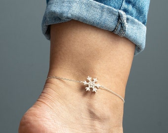 Sterling Silver Snowflake Bracelet, Anklet, Adjustable Snowflake Bracelet, Winter Wedding, Christmas Gift for Her