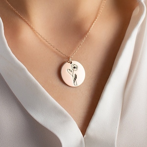 Personalized Birth Flower Disc Name Necklace Custom Silver Name Necklace Dainty Birth Month Flower Necklace Flower Charm Necklace