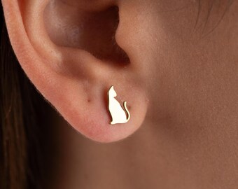 Sterling Silver Cat Stud Earrings: Gold Kitten Jewelry, Cat Lover Gift