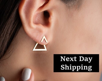 Geometric Jewelry Gift for Women, Triangle Earrings Gold, Ear Jacket Earrings, Gold Stud Earrings women, Earring jackets for studs