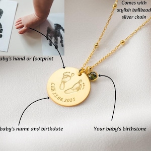 Silver Baby Shower Necklace Actual Footprint Necklace with Birthstone Personalized Loss Baby Gift Actual Handprints Necklace Gold