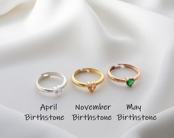 Dainty Birthstone Heart Ring Silver, Adjustable Personalized Birthstone ring gold, Custom Birthstone Ring, Minimalist Promise Ring