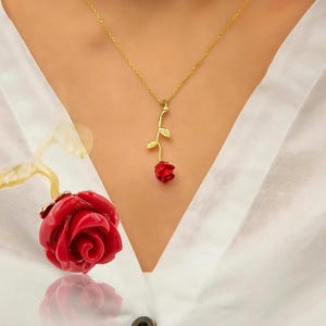 Red Rose Necklace Silver Upside Down Rose Pendant Long Stem Rose Necklace Rose Charm Necklace Rose Floral Necklace Gift for Mom