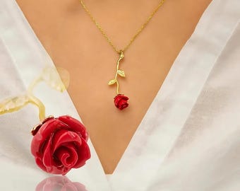 Red Rose Necklace Silver Upside Down Rose Pendant Long Stem Rose Necklace Rose Charm Necklace Rose Floral Necklace Gift for Mom