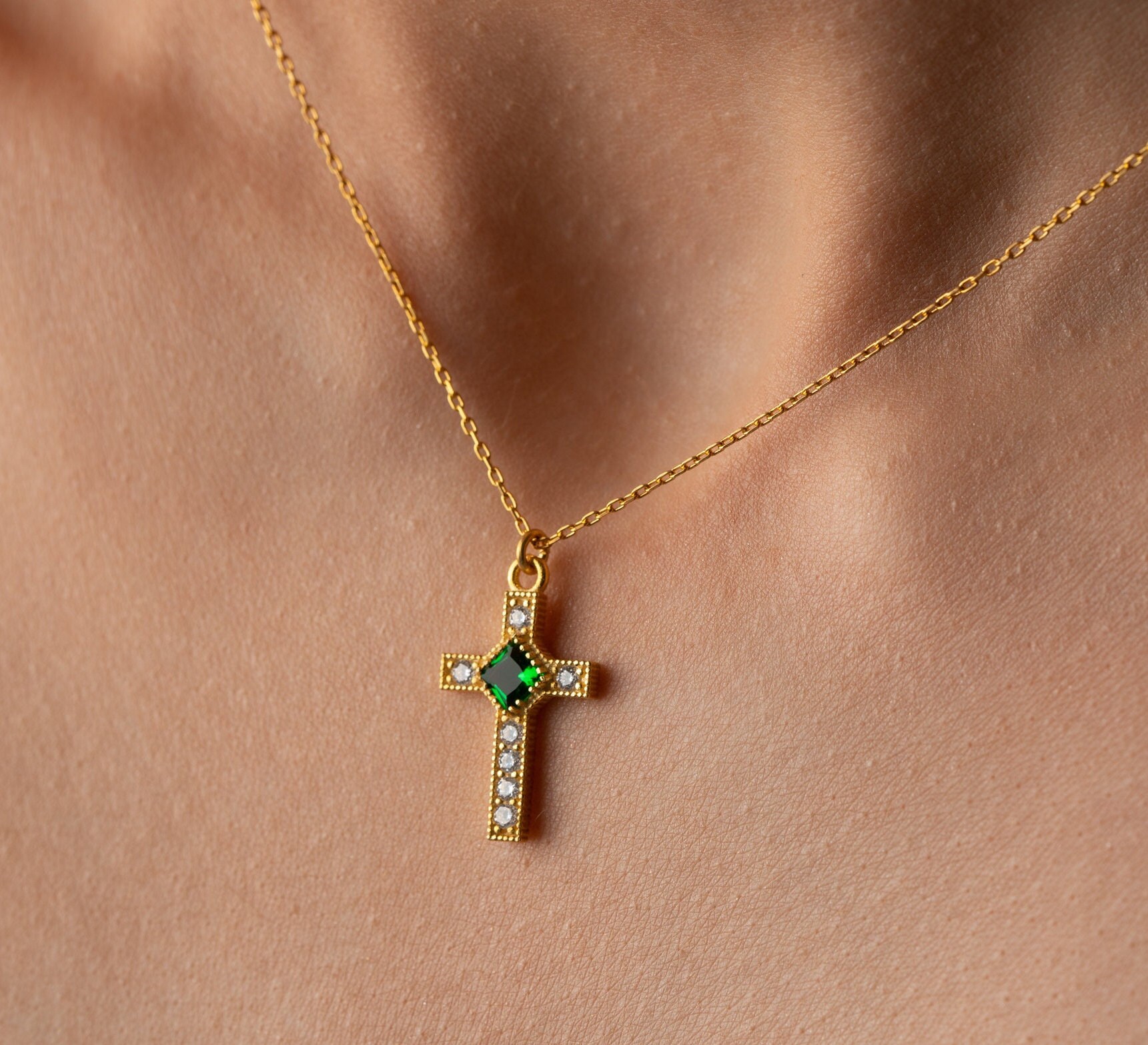 Birthstone Cross Necklace Custom Birthstone Cross Pendant Dainty