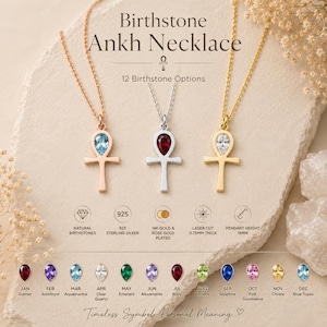 May include: A display of Birthstone Ankh Necklaces with 12 birthstone options. The necklaces are in rose gold, silver, and gold, each with a different colored gemstone. The text reads "Timeless Symbol Personal Meaning."