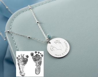 14K Solid Gold Actual Footprint Necklace name Baby Feet Footprint Jewelry New Mom Necklace Birthstone Baby Shower mother's day gift Mom Gift