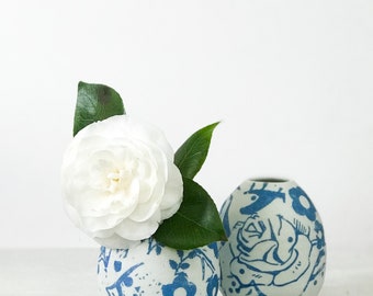 Bud vase, small, soft, porcelain, matte, blue, vintage , flower patterned, rustic, handmade pottery vase, round vase, farmhouse decor.