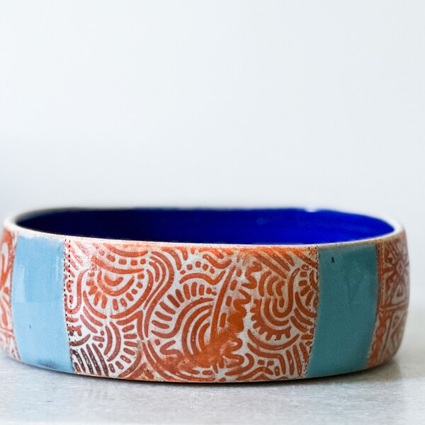 Wheel thrown, orange and blue, Ceramic Bowl, Serving, Farmhouse Decor, Housewarming, Mothers' Day, Wedding Gift