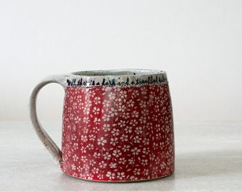 Red, white, flowered, coffee, tea, matcha, mug. Teacher gift, housewarming, handmade, rustic, charm, coffee cup.