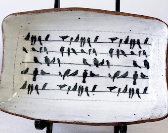 Hand-Built Sewing Pattern Medium Size “Birds on a Wire” Platter: Rustic White Glazed Serving Tray, Farmhouse Kitchen Decor