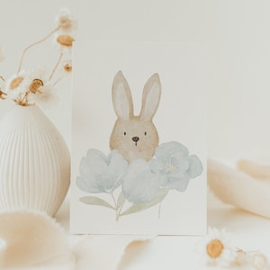 Postkarte Osterhase blaue Blumen weiß A6 Karte Frühling Postkarte Kinder Geburtstagskarte Geburtstagsgeschenk Tier Karte