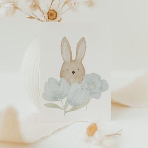 Minikaart Paashaas blauwe bloemen wit A7 | Minikaart, kleine kaart, kleine ansichtkaart, cadeau, cadeaulabel, geschenkverpakking