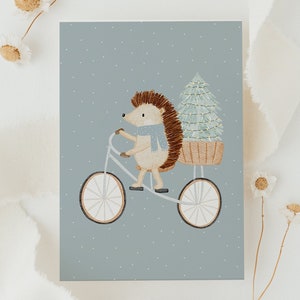 Weihnachtskarte Igel mit Fahrrad A6 Postkarte Weihnachten Karte Weihnachtskarte Aquarell Weihnachtskarten Set Weihnachtsgeschenk Kind