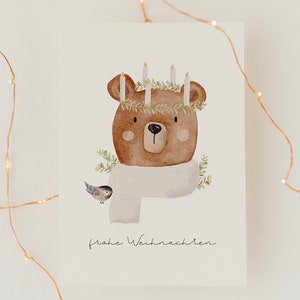 Kerstkaart beer Lucia A6 | Ansichtkaart Kerstkaart Kerst Kerstkaart aquarel geschilderde kerstkaarten Kerstcadeau