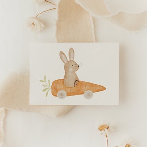 Minikarte Hase im Möhrenauto A7 Karte Kindergeburtstag Postkarte Kinder Geburtstag Geburtstagskarte Geburtstagsgeschenk Ostern Postkarte