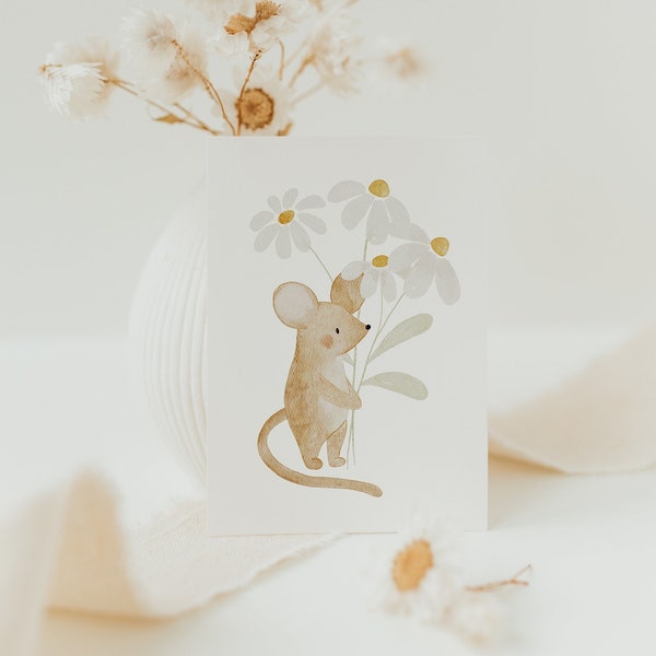 Minikarte Maus Blumenstrauß A7 Minikarte kleine Karte kleine Postkarte Kinder Karte Geschenk Geschenkanhänger Geschenkverpackung