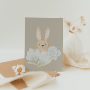 Postkarte Osterhase blaue Blumen beige A6 Karte Frühling Postkarte Kinder Geburtstagskarte Geburtstagsgeschenk Tier Karte
