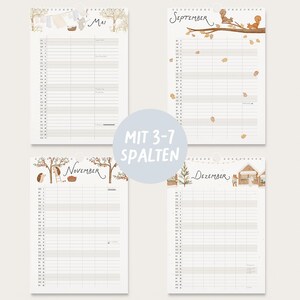 May include: A wall calendar featuring four monthly pages for May, September, November, and December. Each page displays a grid for scheduling with seasonal watercolor illustrations of animals and nature. A central circular overlay reads MIT 3-7 SPALTEN.