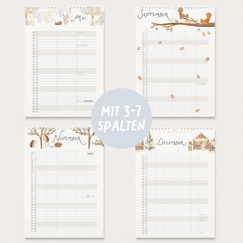 May include: A wall calendar featuring four monthly pages for May, September, November, and December. Each page displays a grid for scheduling with seasonal watercolor illustrations of animals and nature. A central circular overlay reads MIT 3-7 SPALTEN.