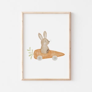 Poster Hase im Möhrenauto A4 Ostern Kinderposter Poster Kinderzimmer Poster Baby Geschenk Mädchen Geschenk Junge Poster Kinder Tierposter