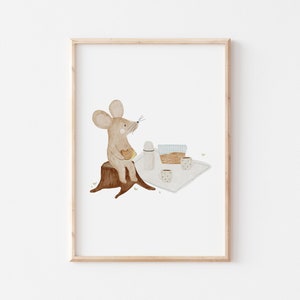 Poster Maus Picknick A4 A3 Kinderposter Poster Kinderzimmer Poster Baby Geschenk Mädchen Geschenk Junge Poster Kinder Tierposter