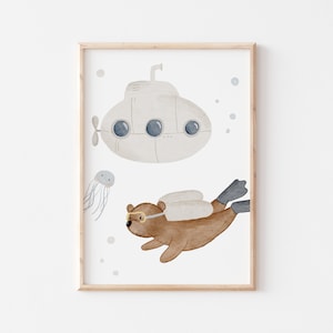 Poster Bär U-Boot A4 Kinderposter Poster Kinderzimmer Kinder Geschenk Junge Poster Kinder Tierposter Poster Bär Poster U-Boot Fahrzeug