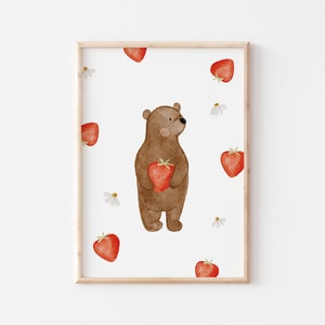 Poster Erdbär mit Blumen A4 & A3 Kinderposter Poster Kinderzimmer Poster Baby Mädchen Frühlingsposter Erdbären Bild Poster Kinder Tierposter