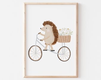 Poster Hedgehog Bicycle A4 Children's Poster Spring Children's Room Poster Baby Gift Poster Children Boys Decoration Children's Room Animal Poster