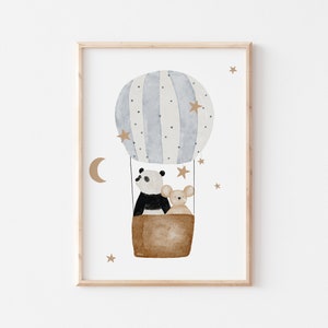 Poster Maus und Panda im Heißluftballon A4 Kinderposter Kinderzimmer Poster Baby Geschenk Mädchen Junge Poster Kinder Tierposter