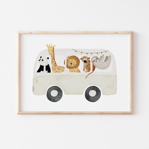 Poster Safari Bus A4 A3 Kinderposter Jungle Bus Poster Kinderkamer A3 Poster Safari Dieren Jungle Dieren Poster Bus Dierenposter Van Camper