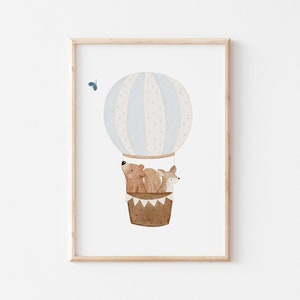 Poster Heißluftballon Bär & Eichhörnchen A4 Kinderposter Poster Kinderzimmer Poster Baby Geschenk Mädchen Deko Kinderzimmer Tierposter