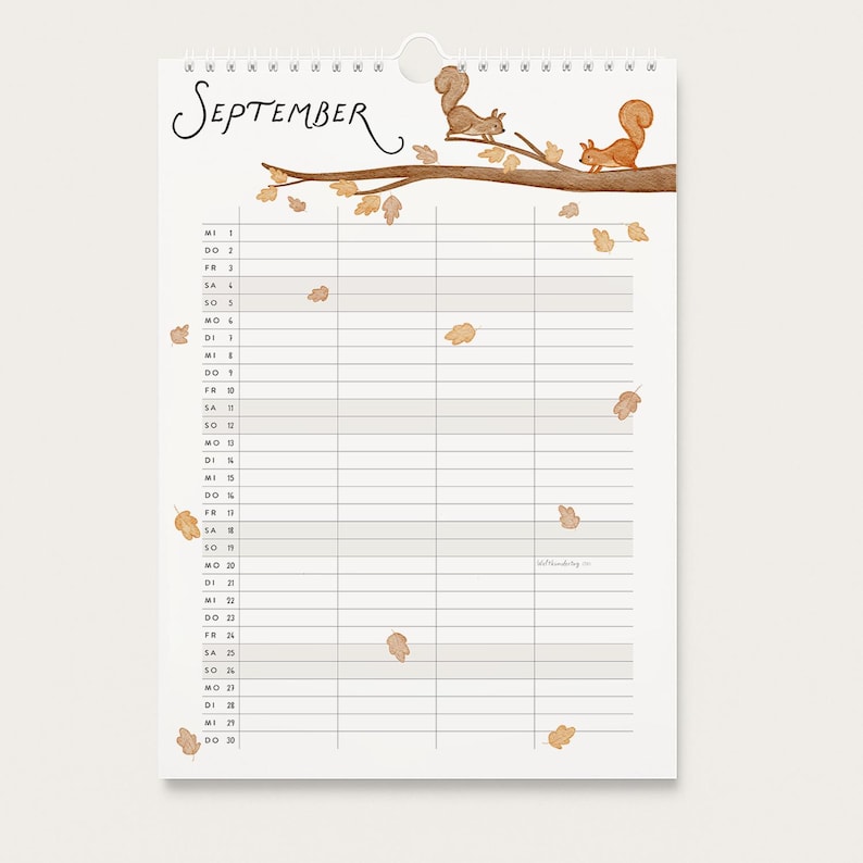 May include: A wall calendar page for September featuring a brown tree branch with two squirrels and scattered autumn leaves. The grid layout includes days of the month with abbreviations in German, organized in rows with vertical columns for planning.