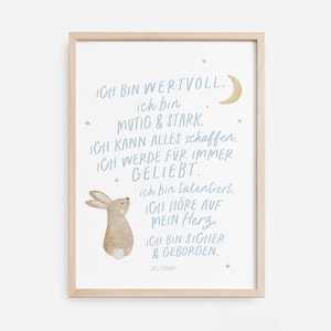 Kinderposter A4 Affirmationen Hase hellblau | Kinderzimmerposter für Jungs und Mädchen Deko Babyzimmer Babyposter Geschenk zur Geburt