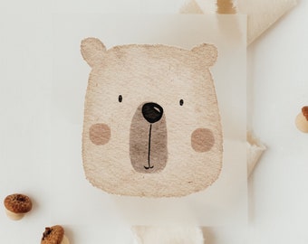 May include: A watercolor illustration of a brown bear's face with a black nose and small black eyes. The bear is on a white background.