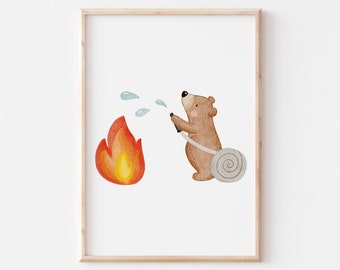 Poster Bear Fire A4 Children's Poster Children's Room Poster Baby Gift Vehicles Poster Children Bear Poster Decoration Fire Brigade Poster