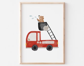 Poster Bär Feuerwehr A4 Kinderposter Poster Kinderzimmer Poster Baby Geschenk Fahrzeuge Poster Kinder Bärenposter Deko Feuerwehr Poster