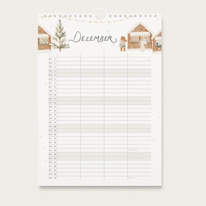 May include: A wall calendar for the month of December featuring a winter scene with a Christmas tree, small wooden houses, a fox, and a mouse. The calendar has a grid layout with dates listed in German, including columns for scheduling and notes.