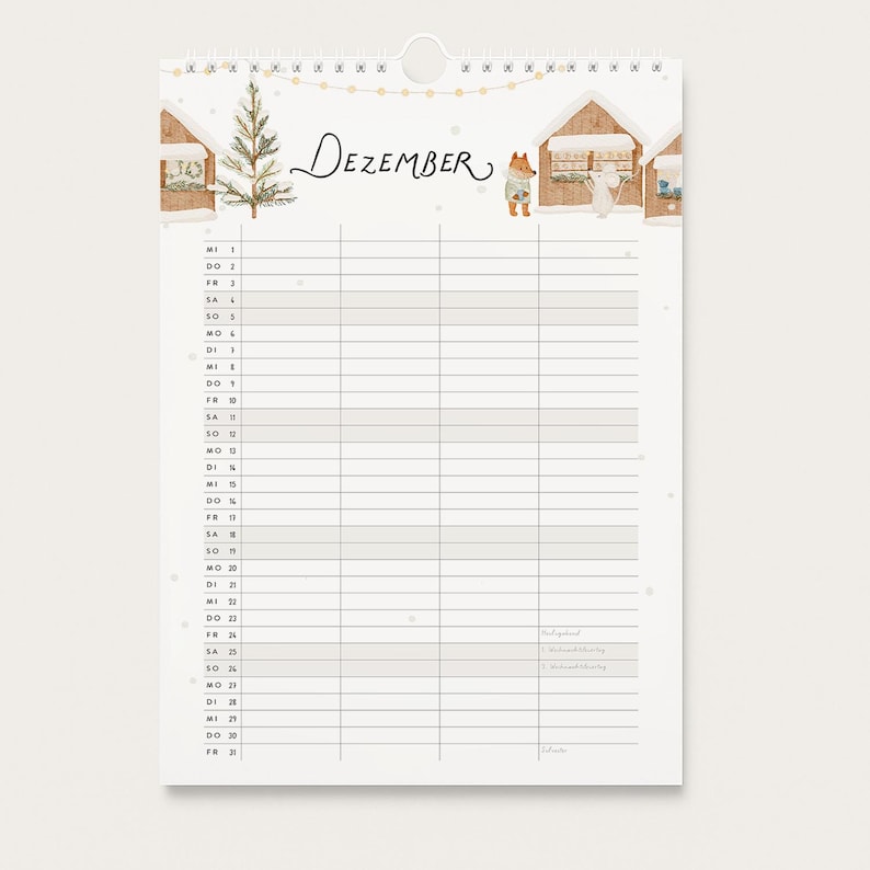 May include: A wall calendar for the month of December featuring a winter scene with a Christmas tree, small wooden houses, a fox, and a mouse. The calendar has a grid layout with dates listed in German, including columns for scheduling and notes.