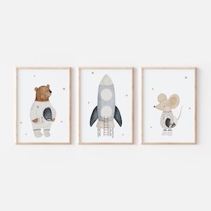 Posterset Weltraum A4 A3 Kinderposter Weltraum Poster Kinderzimmer A3 Poster Weltall Rakete Astronaut Poster Tierposter Bär Maus Fahrzeuge